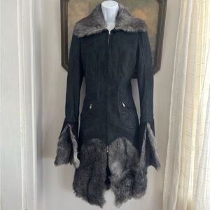 STEPHEN 100% Genuine Leather Long Jacket with Fur Collar and Trim